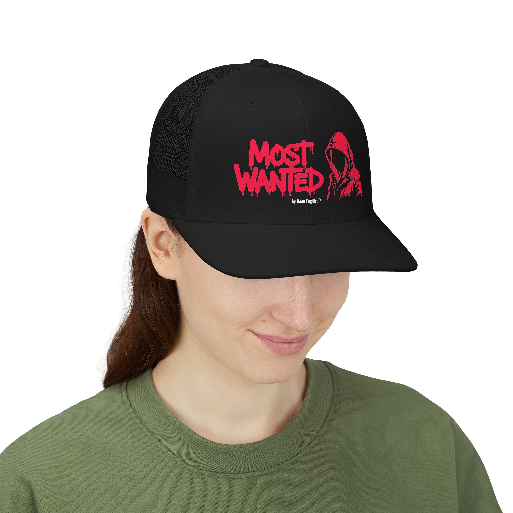 Most Wanted Trucker Hat — Hooded Figure Snapback Cap