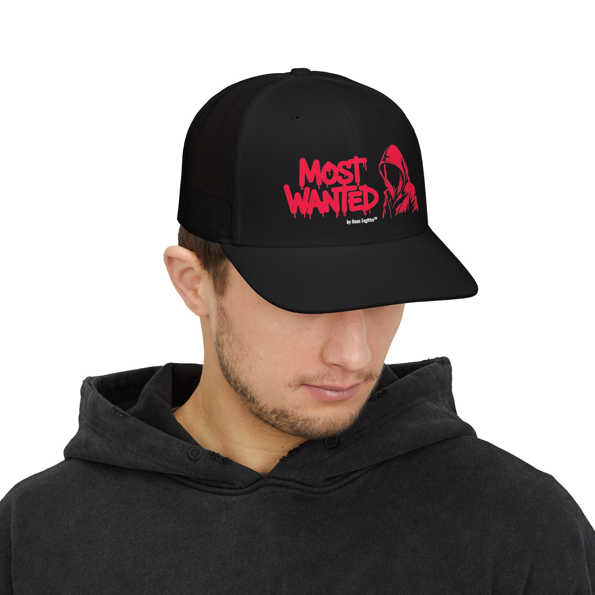 Most Wanted Trucker Hat — Hooded Figure Snapback Cap