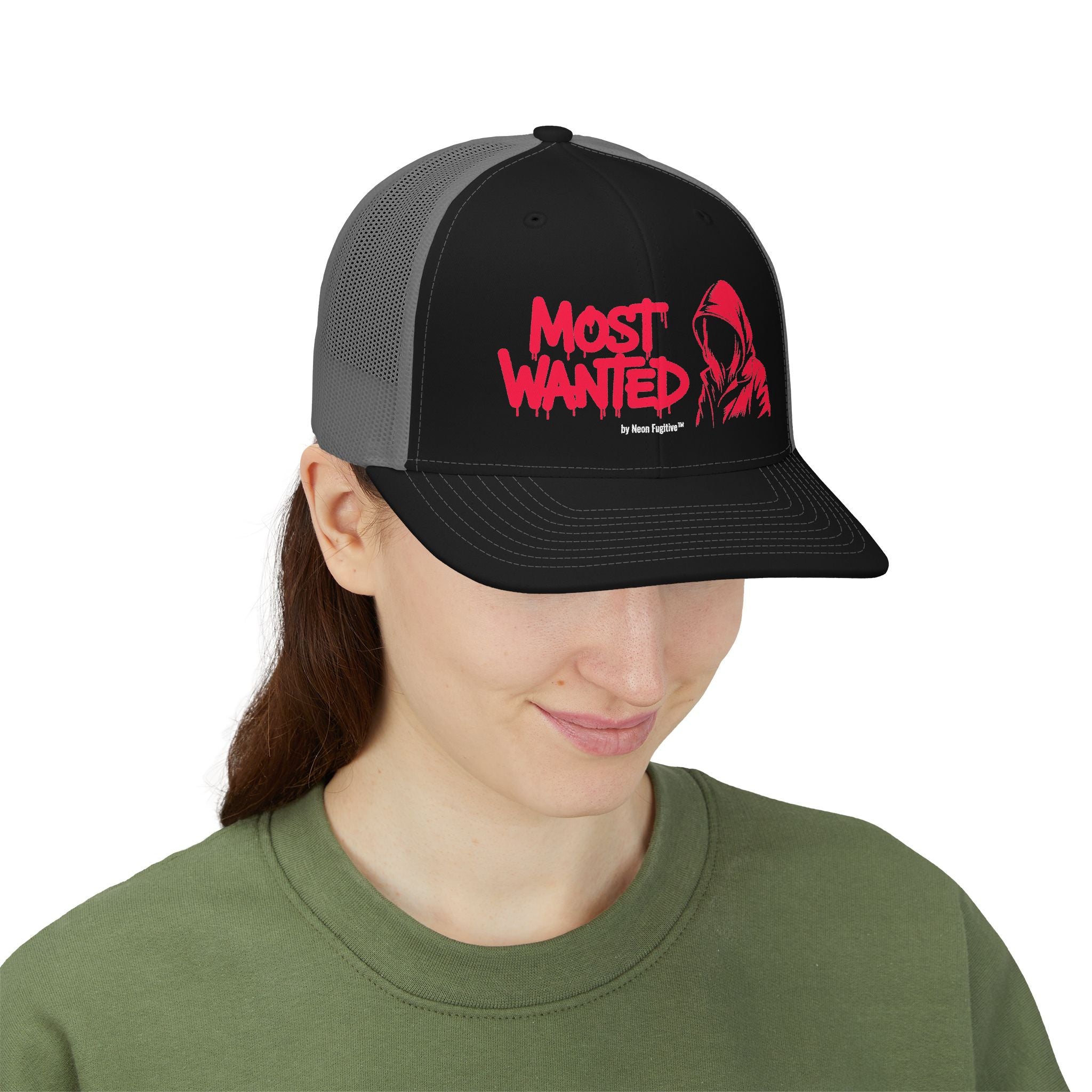 Most Wanted Trucker Hat — Hooded Figure Snapback Cap